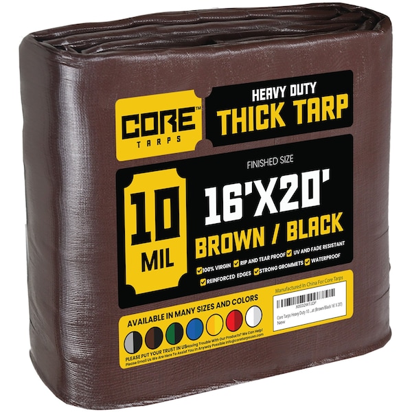 Core Tarps Heavy Duty Tarp, 20 ft L x 0.5 mm H x 16 ft W, 10 Mil, Brown/Black, Polyethylene CT-602-16X20 - main